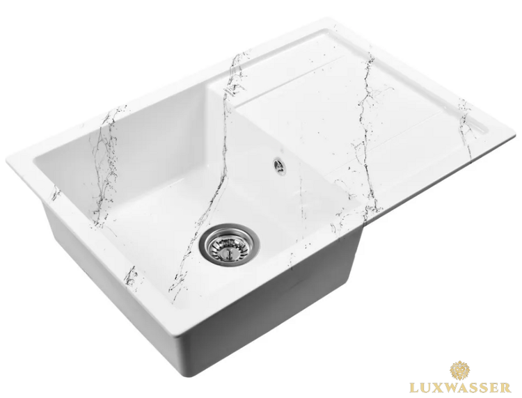 Мойка для кухни мраморная 760х510 Бело-черная LUXWASSER с Крылом 31130 + Сифон