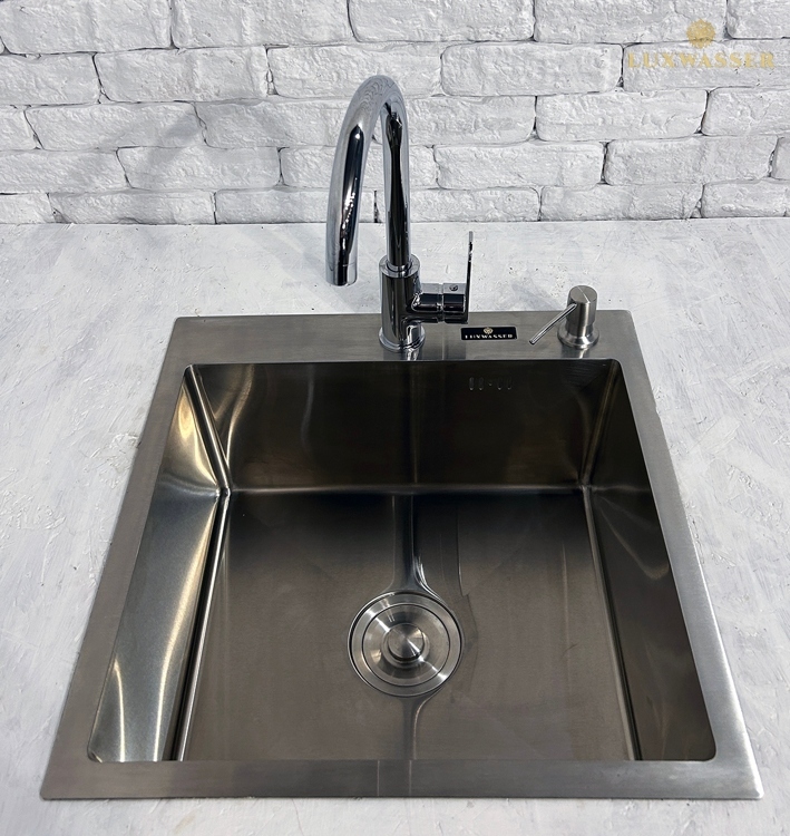 Мойка для кухни из нержавейки PVD Сатин 600х500 LUXWASSER 30986 + Сифон, коландер, дозатор мыла