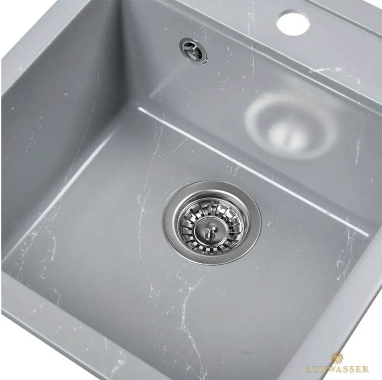 Мойка для кухни мраморная 500х450 Серо-белая LUXWASSER 31112 + Сифон