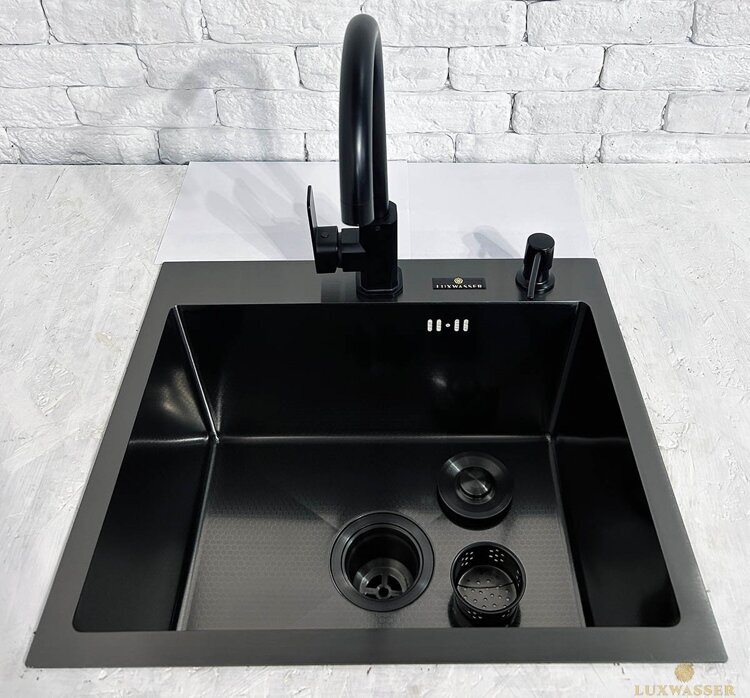 Мойка для кухни из нержавейки PVD Графит Декор 500х440 LUXWASSER 31254 + Сифон, Дозатор, Коландер