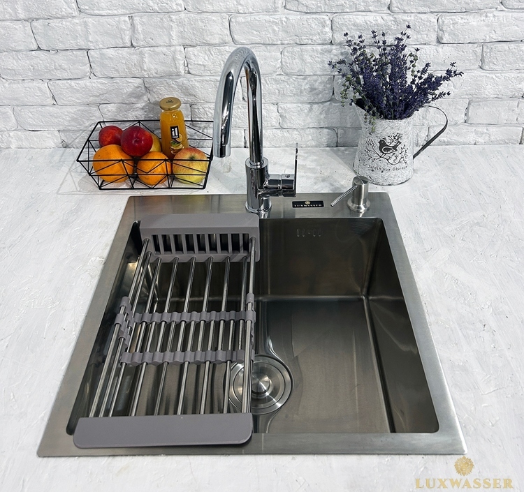 Мойка для кухни из нержавейки PVD Сатин 600х500 LUXWASSER 30986 + Сифон, коландер, дозатор мыла