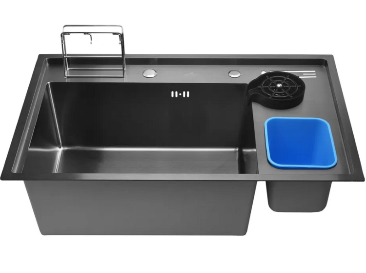 Мойка для кухни из нержавейки PVD Сатин Wisent WM37850 + Сифон, Ринзер, Контейнер для мусора