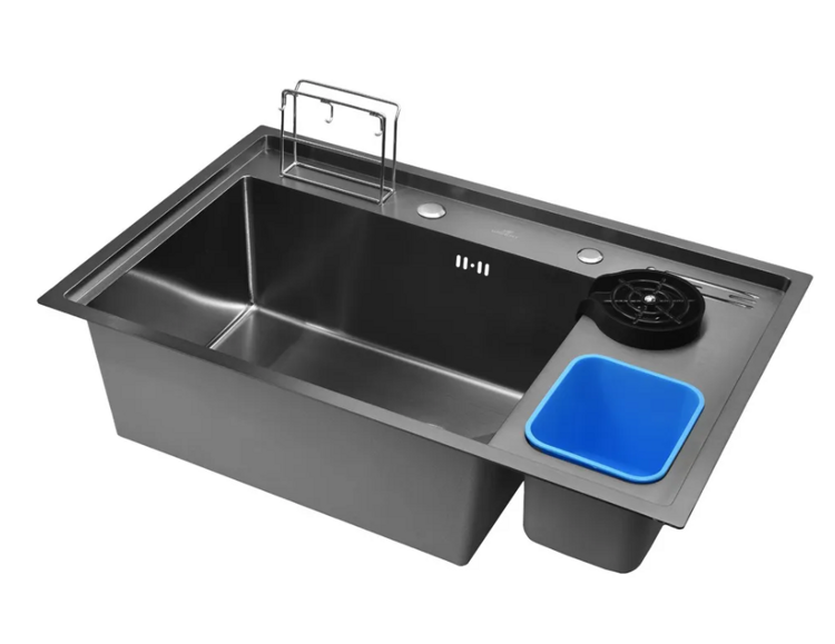 Мойка для кухни из нержавейки PVD Сатин Wisent WM37850 + Сифон, Ринзер, Контейнер для мусора